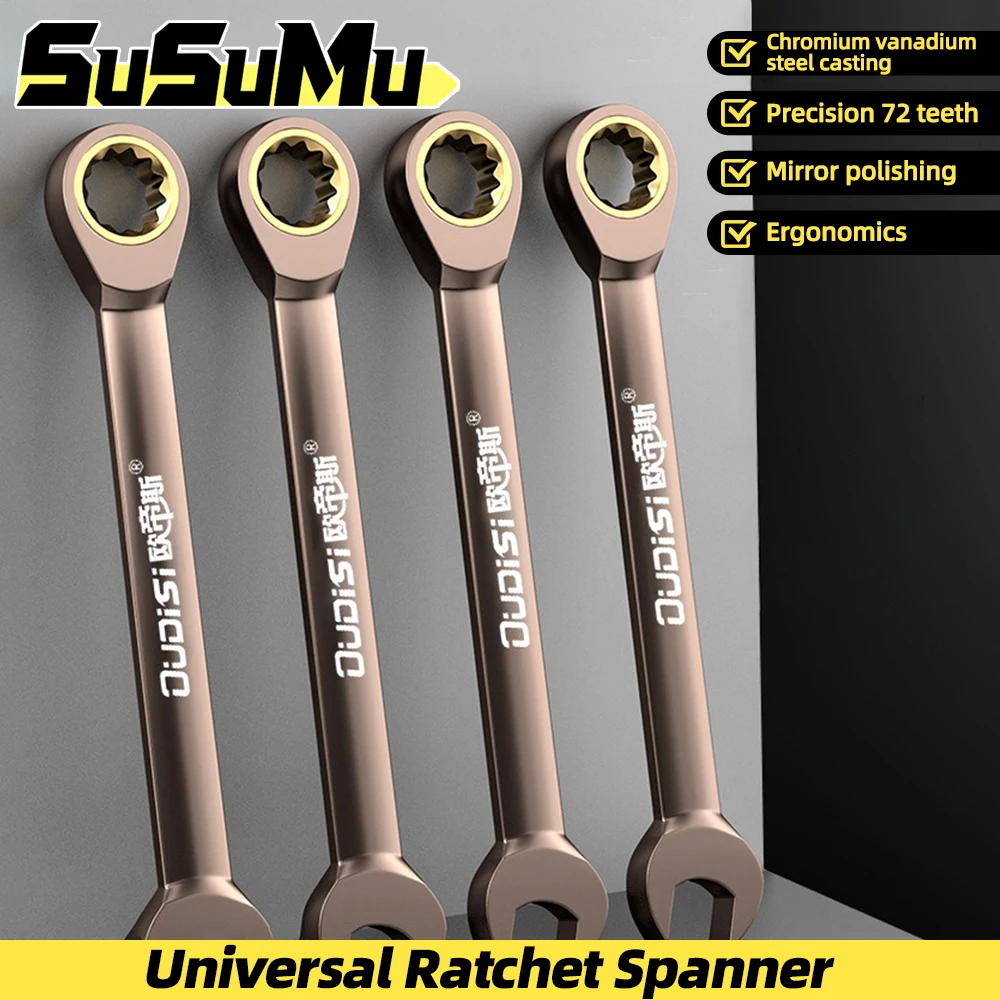 1Pc Ratchet Combination Wrench Flexible Golden Spanners Set Torque Universal Key Ratchet Wrench Car Repair Tool Metric Hand Tool