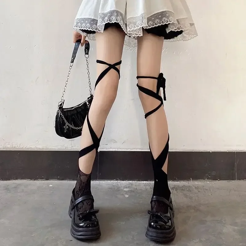 Damen JK Spitzen-Netzstrümpfe mit unregelmäßigem Zehenbereich, Wadensocken, mittellange Socken mit Riemen, sexy lange japanische Sommerstrümpfe