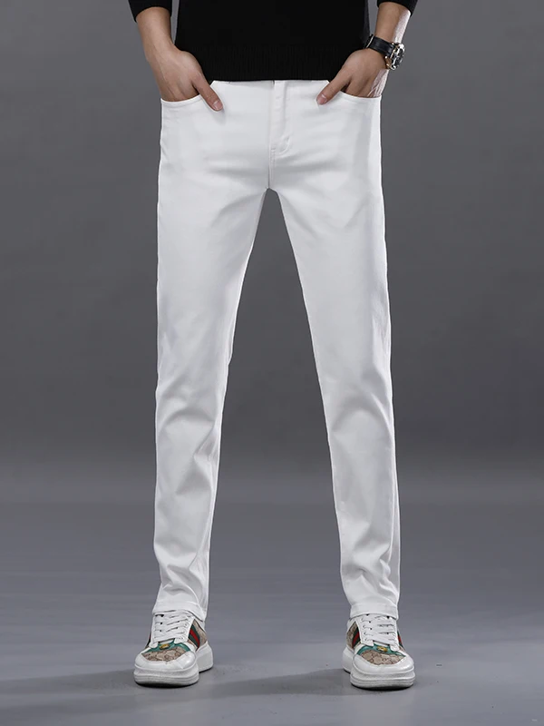 

New 2026 Men's Slim Fit Straight Leg Cotton Denim Jeans White Casual Wearable Elastic Long Trousers Comfortable mid Waist Zipper