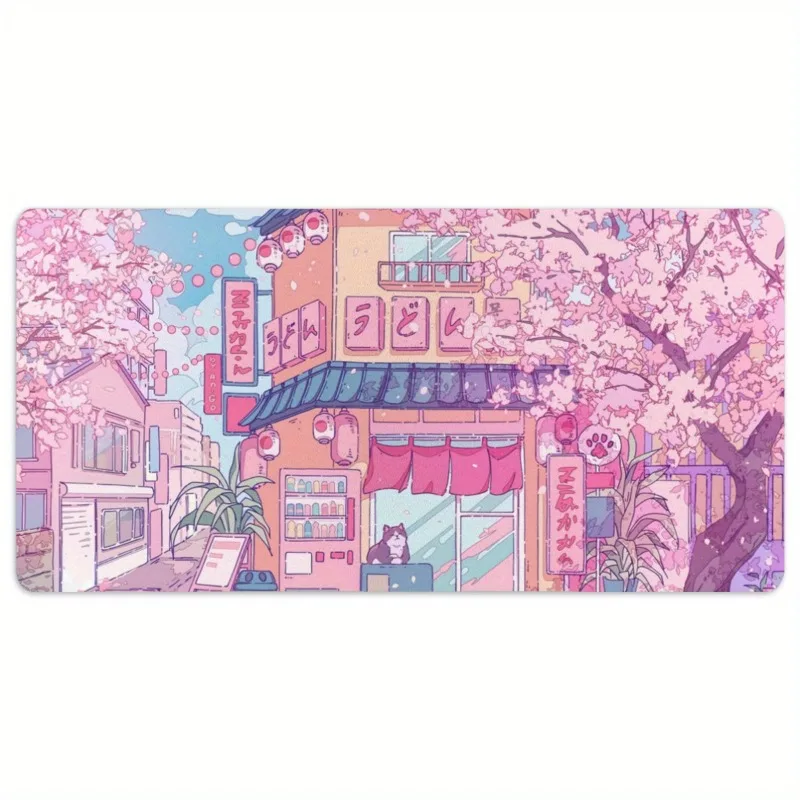 Cute Cat Coffee and Pink Cherry Blossom Mouse Pad, Office Game Table Mats XXL Rubber Anti-slip Gaming Keyboard Long Desk Pads