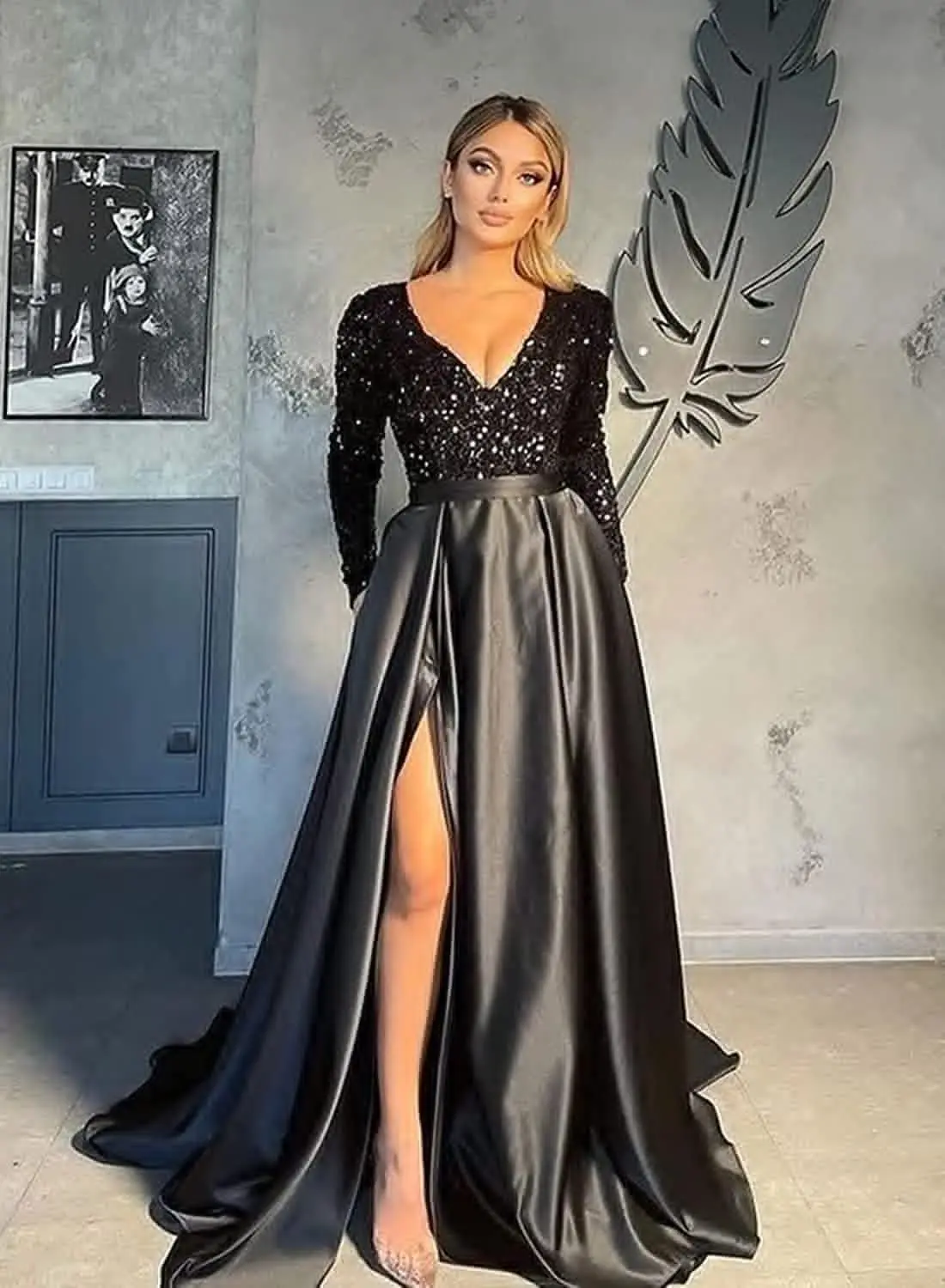 Robe de bal de bal à paillettes scintillantes pour femmes, avec poches, manches longues, robe de soirée formelle en Satin avec fente, élégante pour fête de mariage