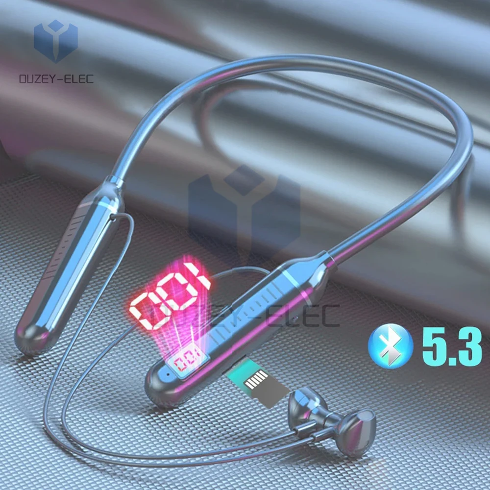 Sports Neckband Headphones Bluetooth Earphones LED Battery Display Wireless Mic Stereo HIFI TWS Gaming Headset Support TF Card