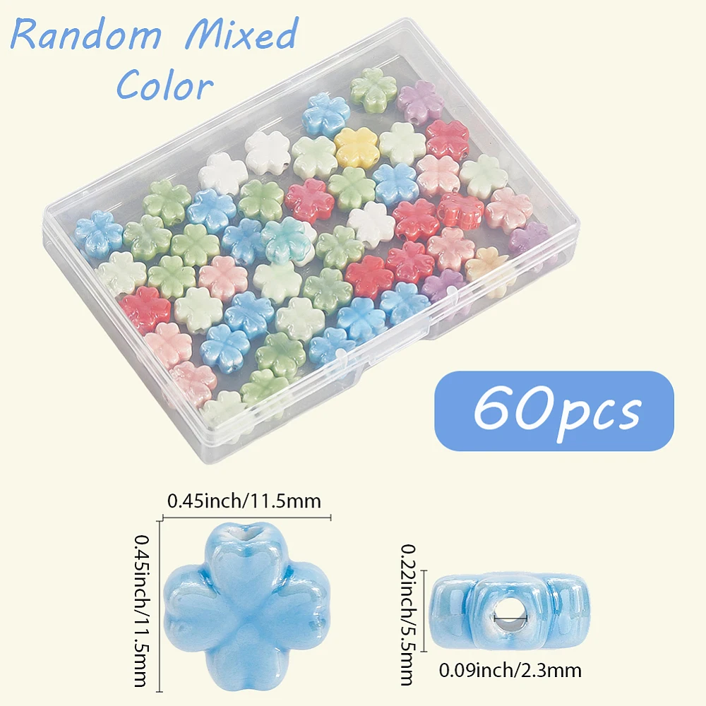 1 Box 60PCS 11.5MM Mixed Color Lucky Four Leaf Clover Porcelain Beads with Holes Colorful Ceramic Loose Spacer Charms Bead Bulk