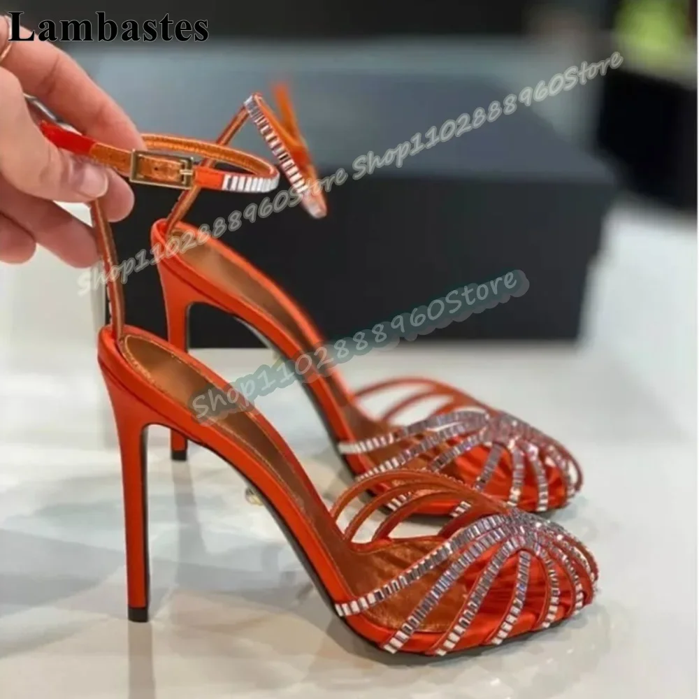 

Orange Bling Narrow Crystal Strip Sandals Thin High Heel Women Shoes Ankle Buckle Strap Round Toe Sparkling Banquet Sandals
