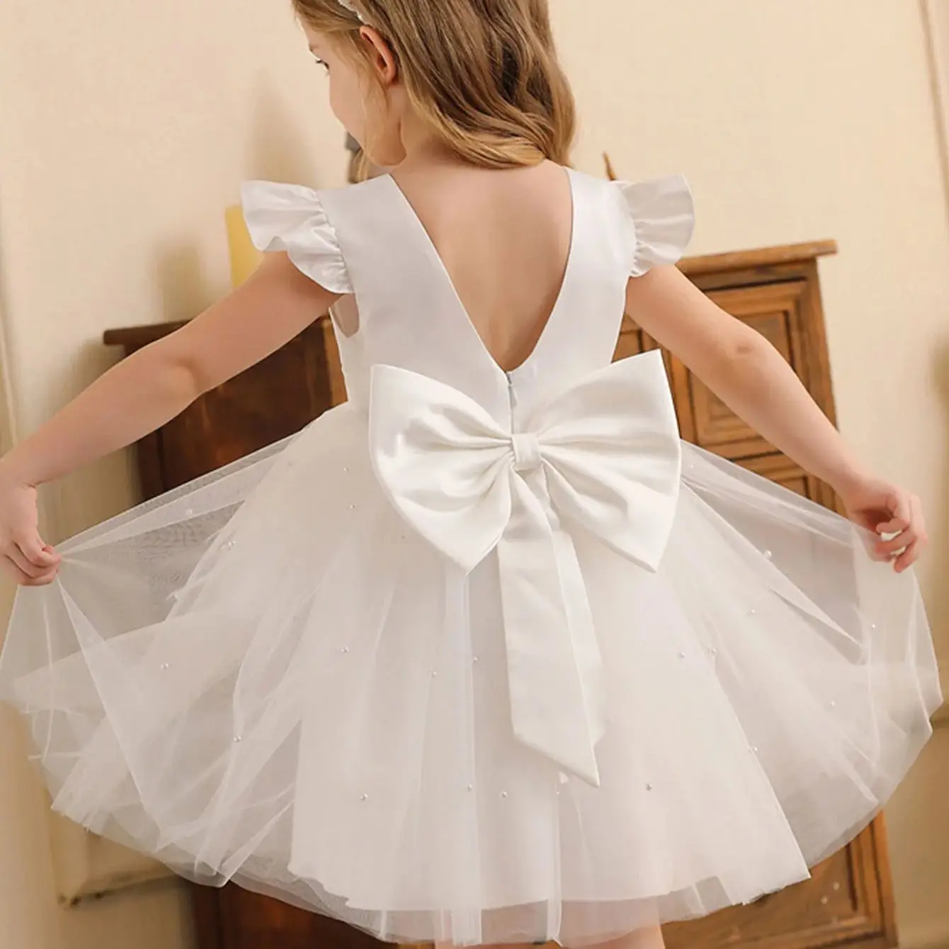 Summer Girls Tulle Fashion Little Princess Dress Wedding Gown Girls Piano Performance Host Costume 2-8 Years Kids Clothes