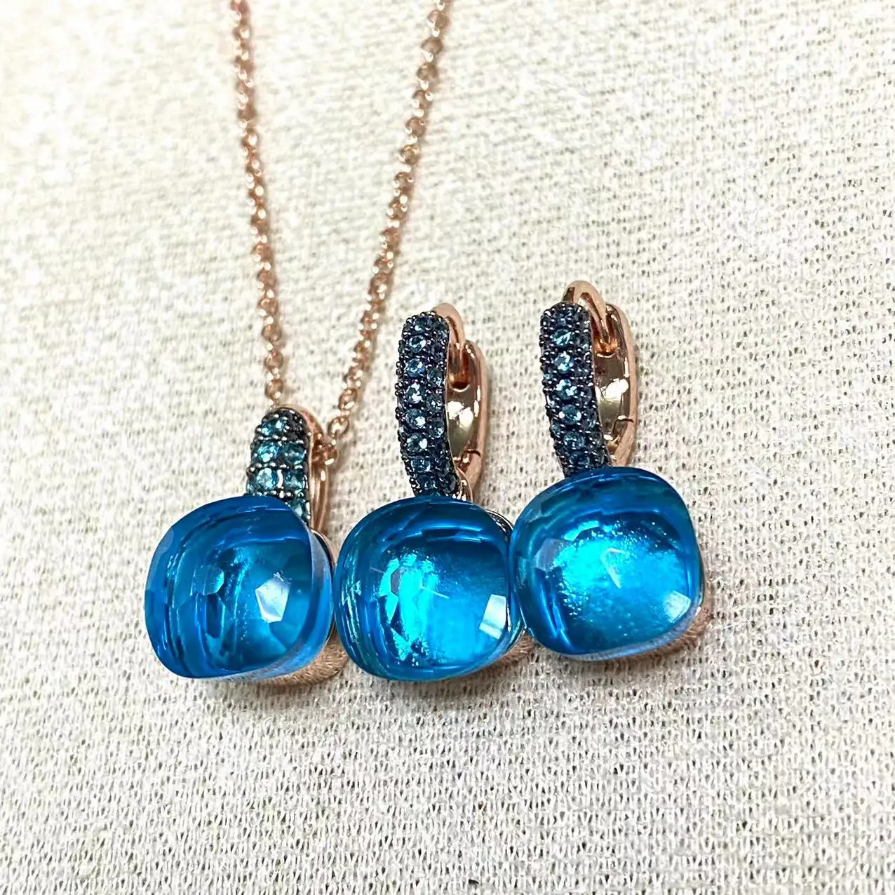 

10.6mm Classic Nudo Earrings Necklace Set Inlay Blue Zircon with Black Gun Plated Square Candy Crystal Fashion Jewelry Set