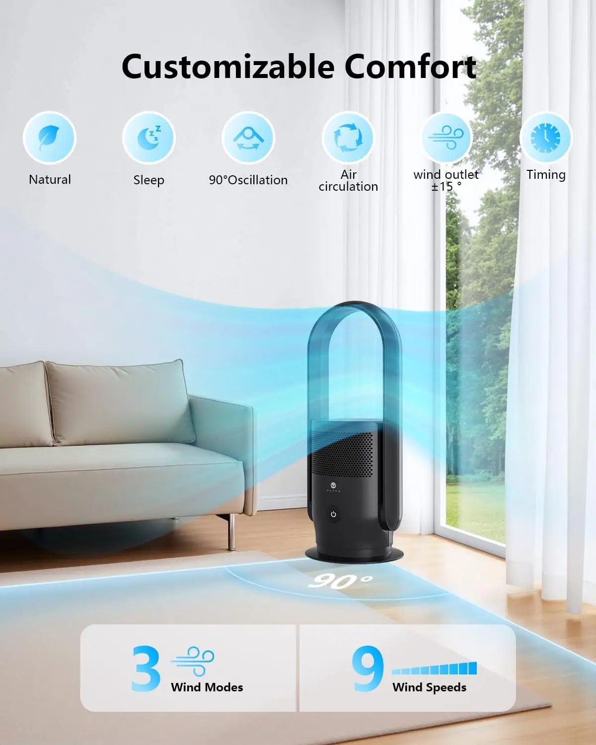 Bladeless Tower Fan Air Purifier Combo Quiet Oscillating Fan Remote Touch Control 9 Speeds 8H Timer HEPA Air Filter Safe Floor F