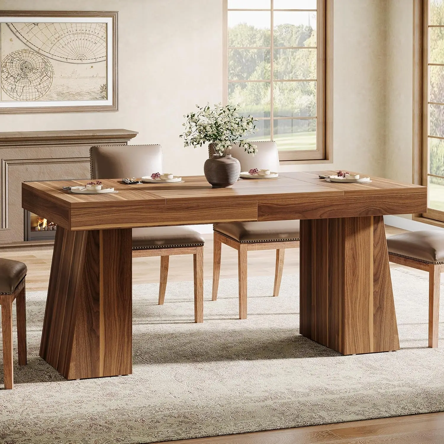 55-Inch Dining Table for 4-6, Rectangular Dining Room Table with Sturdy Legs, Wood Kitchen Dinner Table, Mid-Century Modern