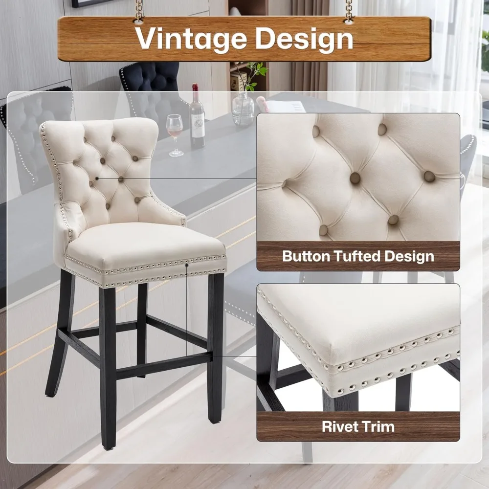 Bar Stools Set of 2, Velvet 26 Inch Seat Height Counter Height Barstools with Back, Rivet Trim Bar Chairs