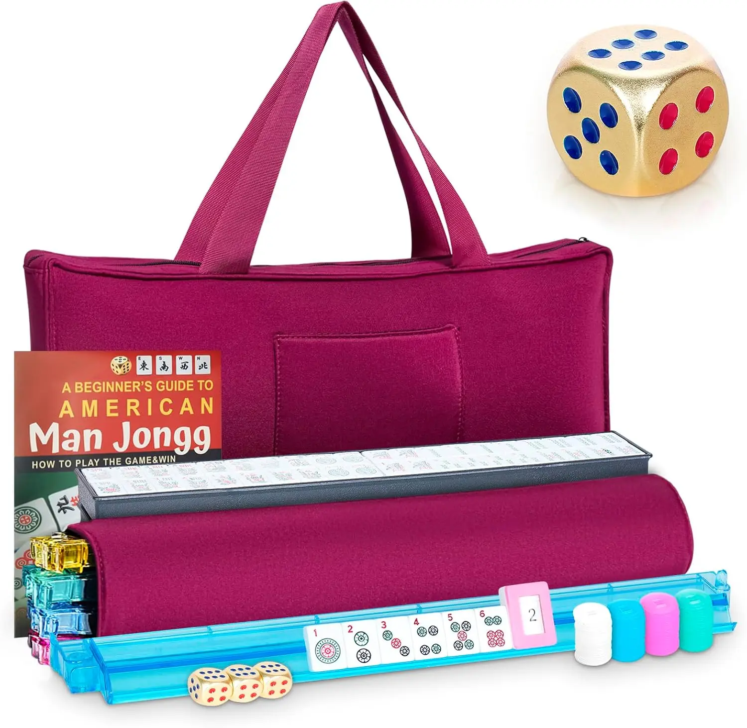 

166-Piece American Mahjong Set, White Tiles with Metal Dice, 4 Racks with Pushers, Portable Carrying Bag