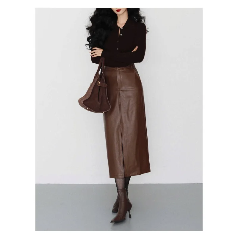 Front Split-ended PU Leather Skirt  2026 New Spring and Autumn Medium and Long Temperament Hip Skirt Coffee Half Skirt