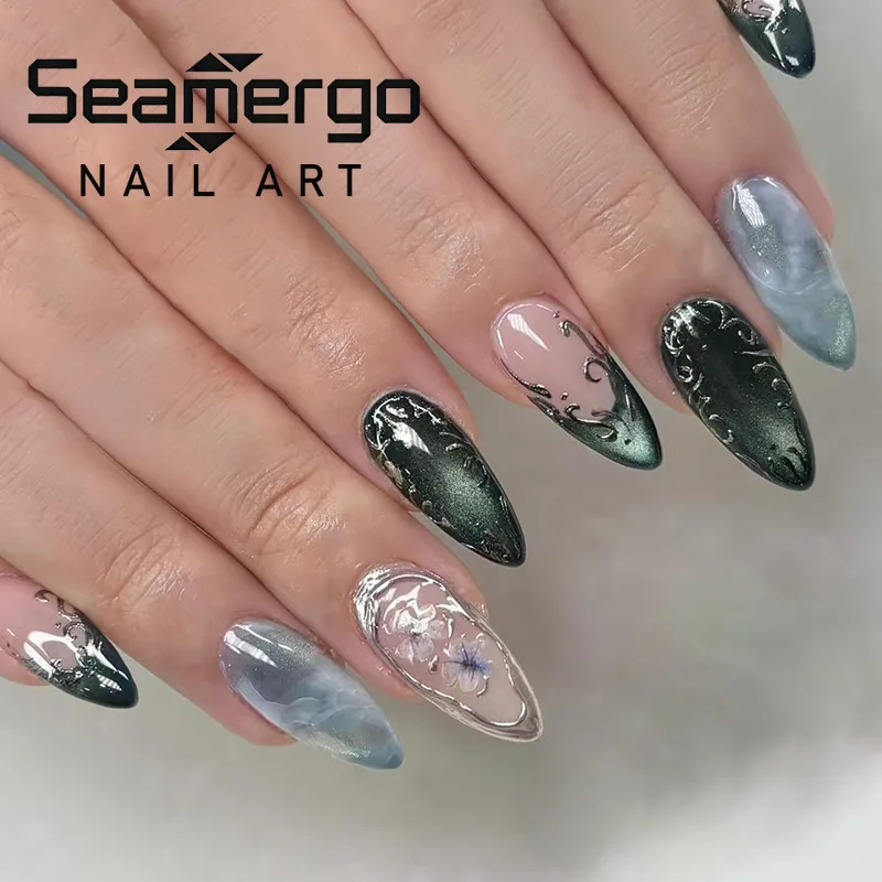

24PCS Aurora Dark Green Cat Eye Ins Nail Tips Silver French False Nails Simple Flower Wearable Fake Nails Art for Women Press On