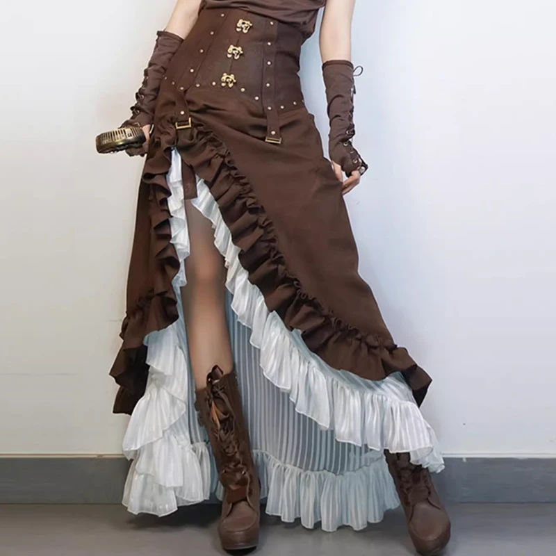 

Victorian Medieval Steampunk Leather Vintage Sexy Skirt Gothic Clothing Rivet Lace-up Double-layer Ruffle Edge Retro Long Skirt