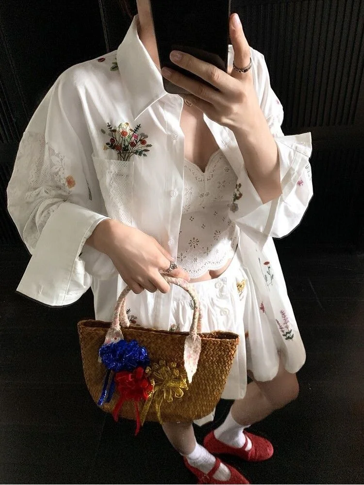 

Ladies Large Size Floral Embroidery Lace Shirt And Half Skirt Two Piece Set Sun Protection Suit Casual Korean Style Polyester...