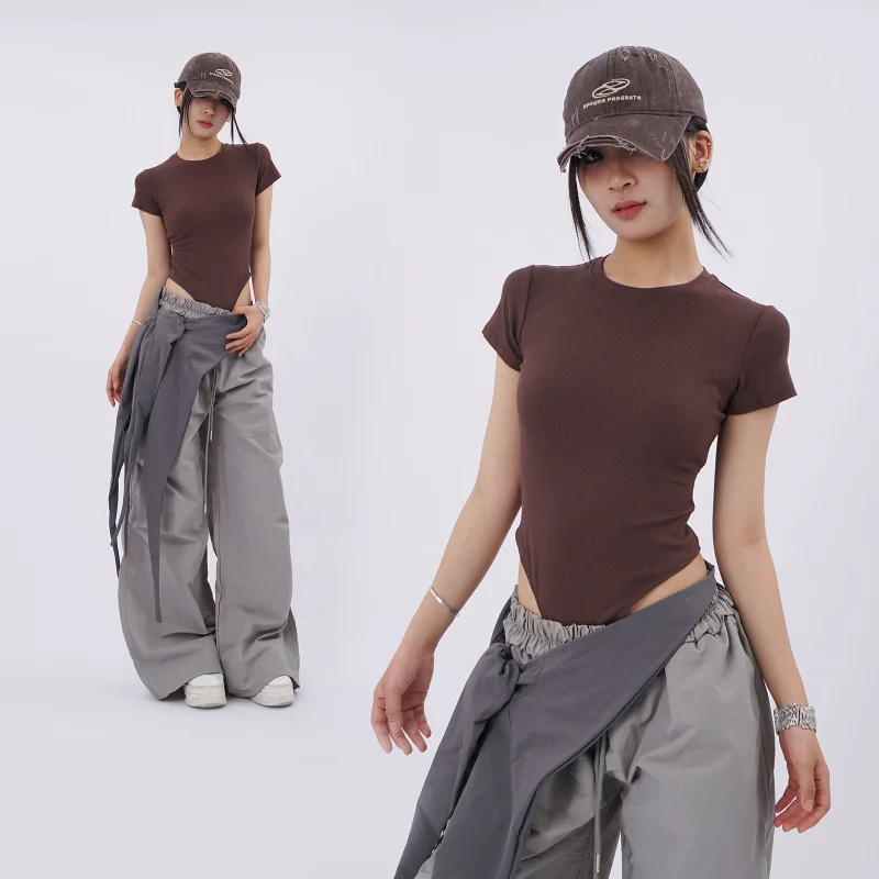 

Spring Women's High-Waist ort-Sve One-Piece Suit Wind Coffee Color Waist Design Unique oulder-Length Panhose