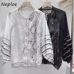 Neploe Elegant Vintage Lace Thin Baseball Jackets 2024 Spring New Hollow Out Tops Sun Protection Long Sleeve Coat Women