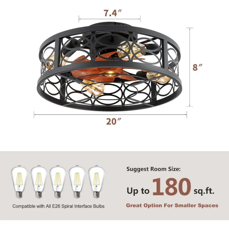 20" Caged Ceiling Fan With Light And Remote，Bladeless Ceiling Fan 6 Speed Reversible With 5 Bulbs and Remote Control