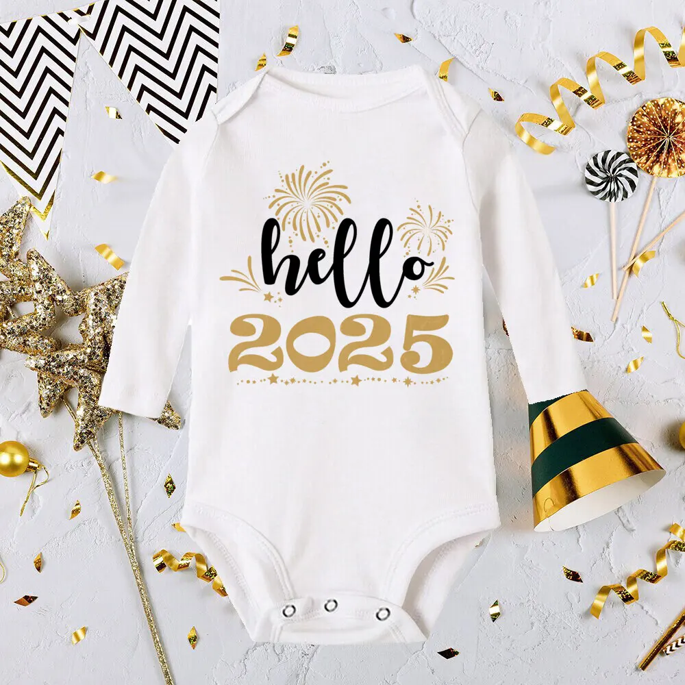 Hello 2025 Happy New Year Printed  Baby Bodysuit Newborn Long Sleeve Romper Infant Holiday Jumpsuit Toddler New Year Ropa Outfit