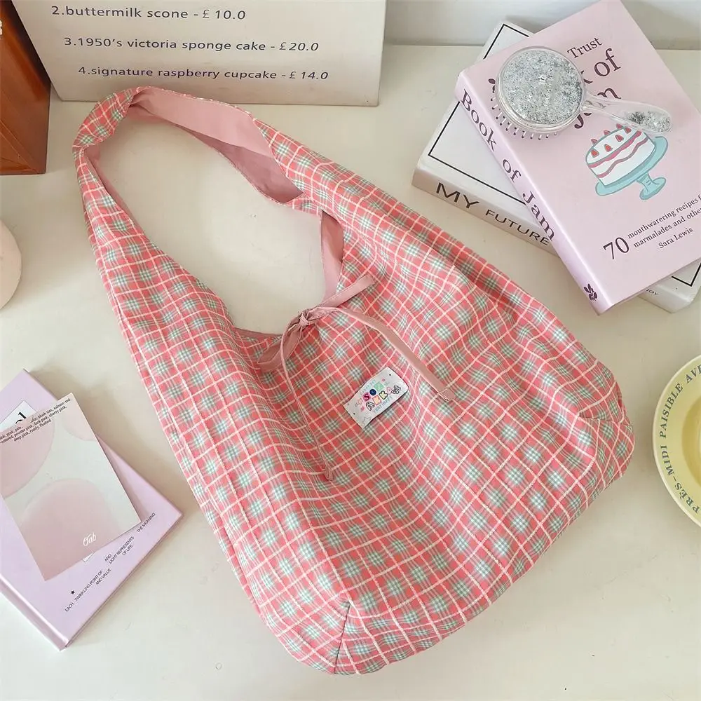 

Casual Sweet Double Sided Vest Bag Bowknot Japanese Style Lattice Shoulder Bag Commuting Leisure Canvas Tote Bag Outdoor