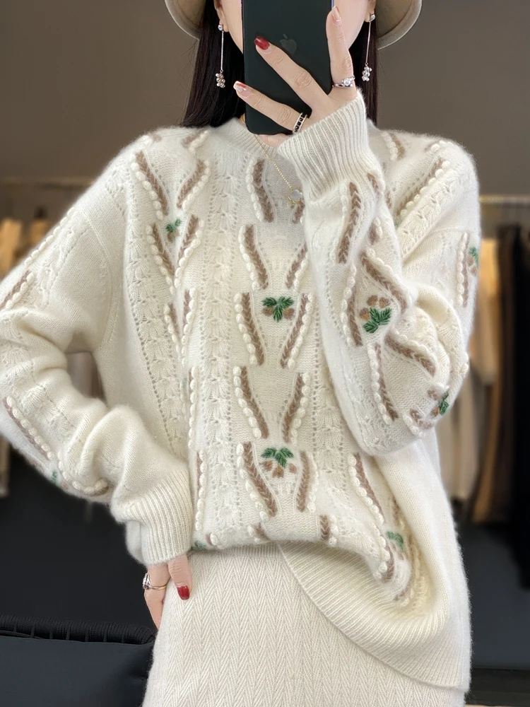 Addone  Women Vintage Sweater High Quality Hollow Twist Flower 100% Merino Wool Knitwear Autumn Winter Female Clothing Grace Top