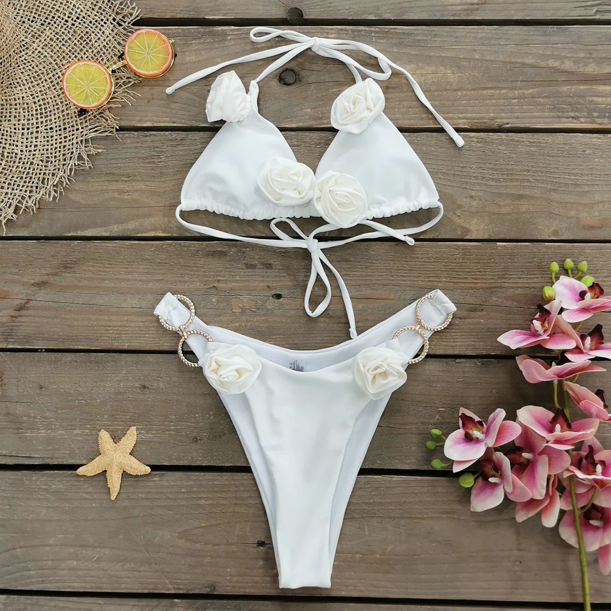 3d Bloem Effen Wit Eendelig Badpak Vrouwen Badmode Uitgesneden Bodysuit Monokini Zwempak Badpak Strandkleding Bikini Set