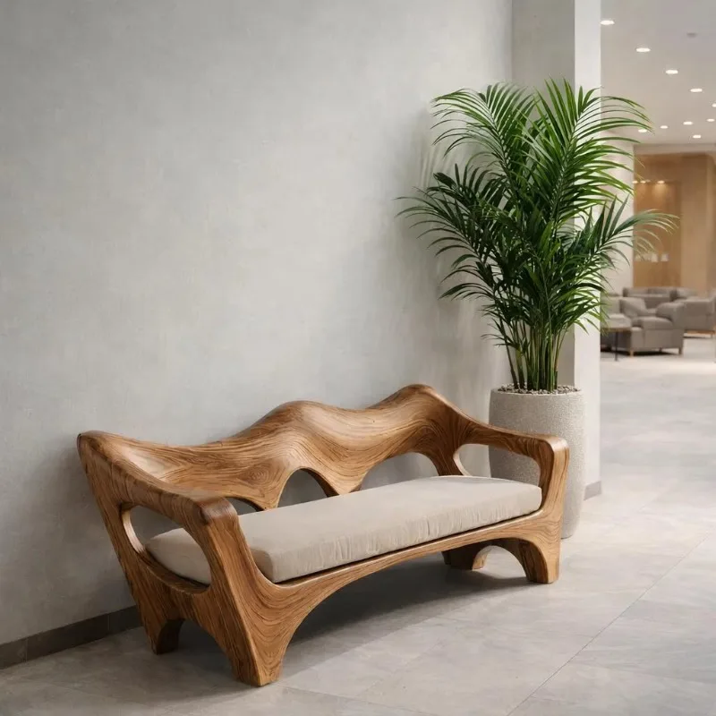 Handmade solid wood benches, sculptural backrests for living room, modern design, environmentally friendly and durable
