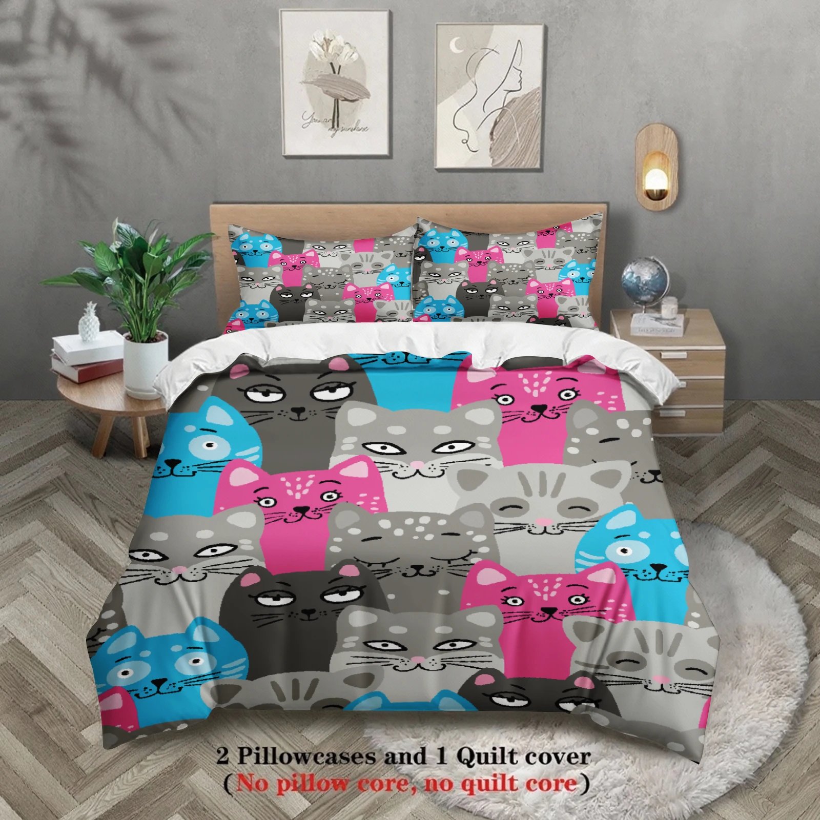 

Cute Cat Face Bedding Sets Comforter Not Included Cartoon Animal 3D Printed 3pcs 100% Polyester Duvet Cover With 2 Pillowcases