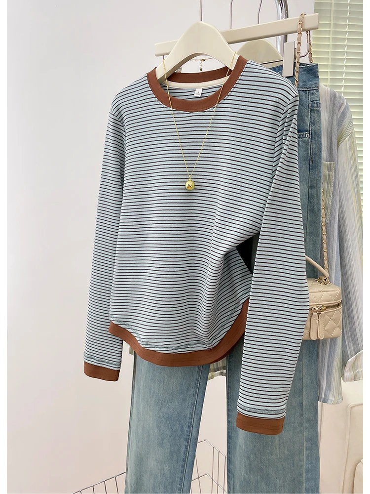Autumn 2025 plus Size Women's Casual Crew Neck Striped Knit Sweater Wide - Leg Pants Set Contrast Brown Trim Single