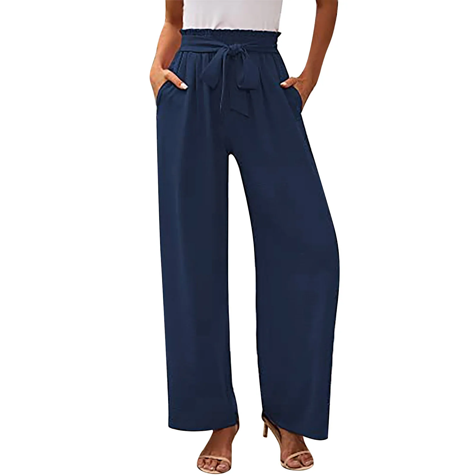

Women Spring And Summer Workplace Women Leisure Fashion Versatile Wide Leg Pants Banded Bow Trousers