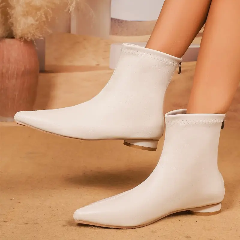 2025 New Women's Short Boots Fashion Pointed Toe Ankle Boots Women Zippers Flat Shoes High Quality Leather Ladies Chelsea Boots - Image 2