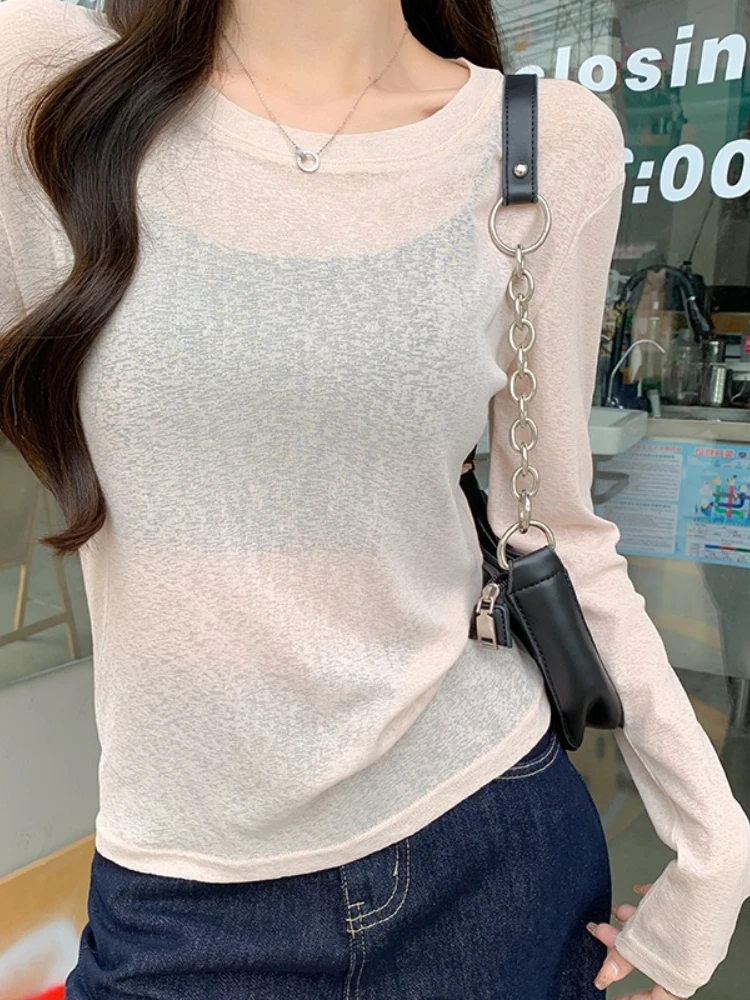 2026 Spring Summer Ice Silk Sun Protection Shirt Long Sleeve Solid Loose Versatile Cover Up Top Sexy See-through Women T-Shirts
