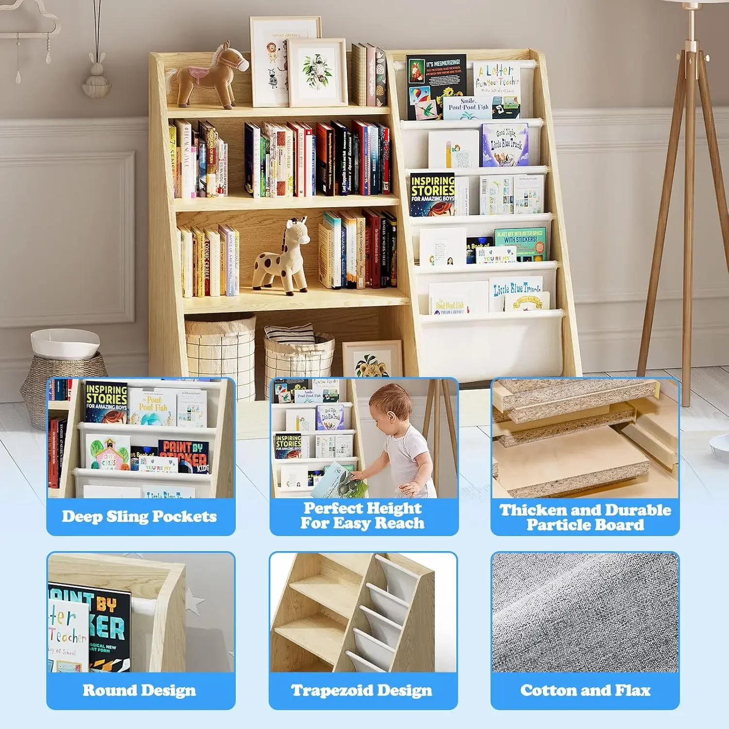 Wooden ,Five Layer Sling Children ,Baby Storage Book Rack,Book and Toy Organizer Cabinet Chest,Book