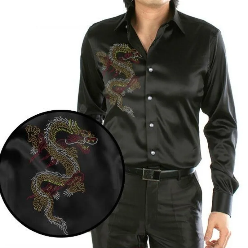 

Spring New Silk Chinese Dragon Hot Drill Men's Long Sleeved Shirt Male Fashion Business Casual Solid Color Shirts Plus Size Tops