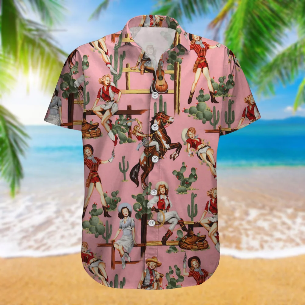 Camisa de manga curta masculina, camisas havaianas de cowboy ocidental, roupas de vestido masculino, verão