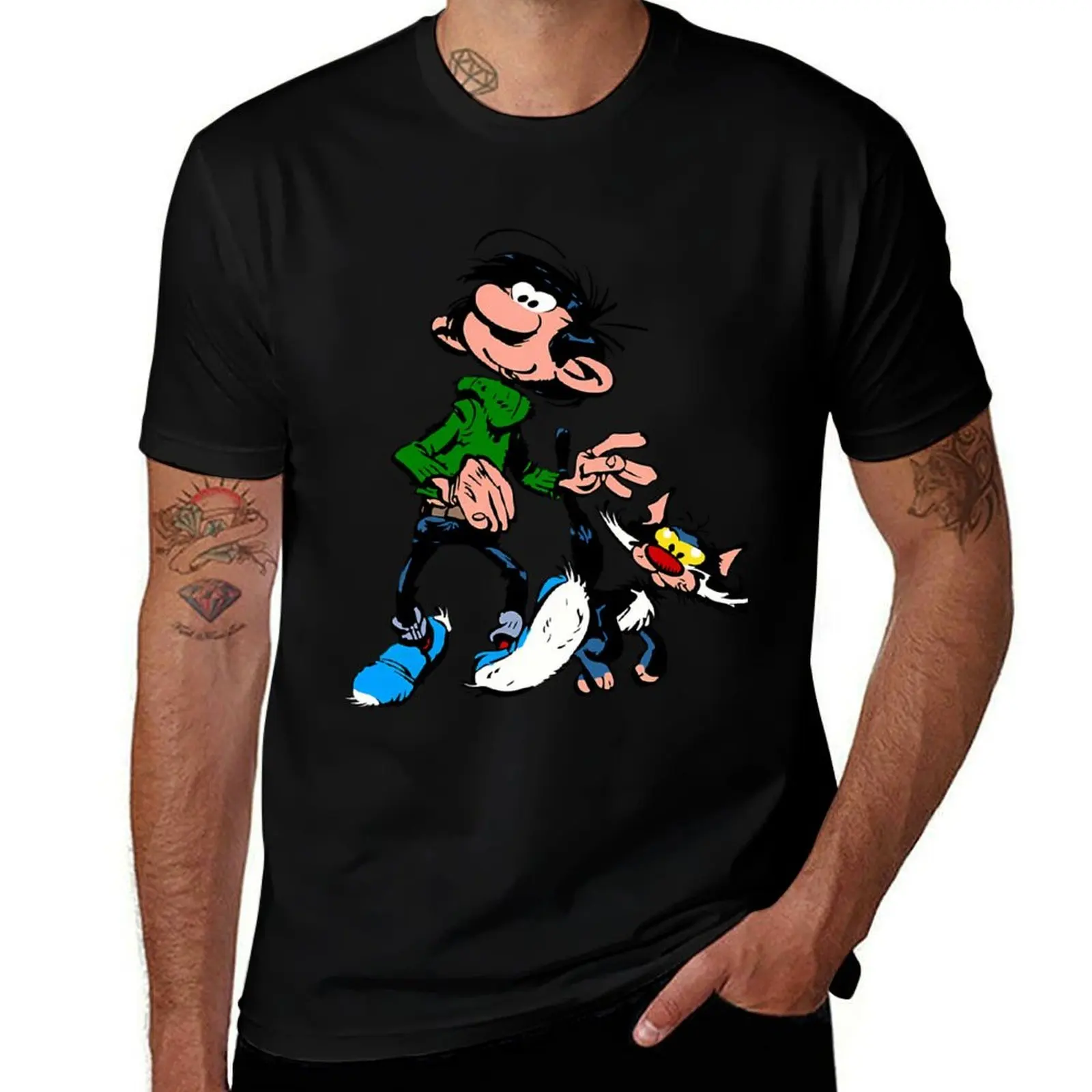 Gaston Lagaffe Movie Cartoon Color Big Ben walking with cat T-Shirt man t shirts graphic T-Shirt