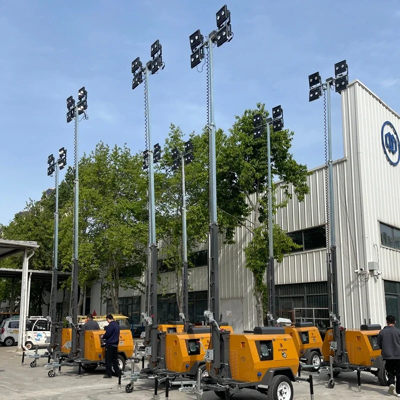 5m-7m Hydraulic Lift Emergency Light Tower Diesel Powered Genset White Emitting LED Lamp Trailer Portable Flood Light Plant