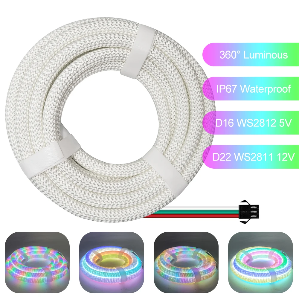 DC5V WS2812B DC12V WS2811 Round Reticulate Neon LED Strip Light 360 Degree Smart RGB Individually Addressable Flexible Silicone