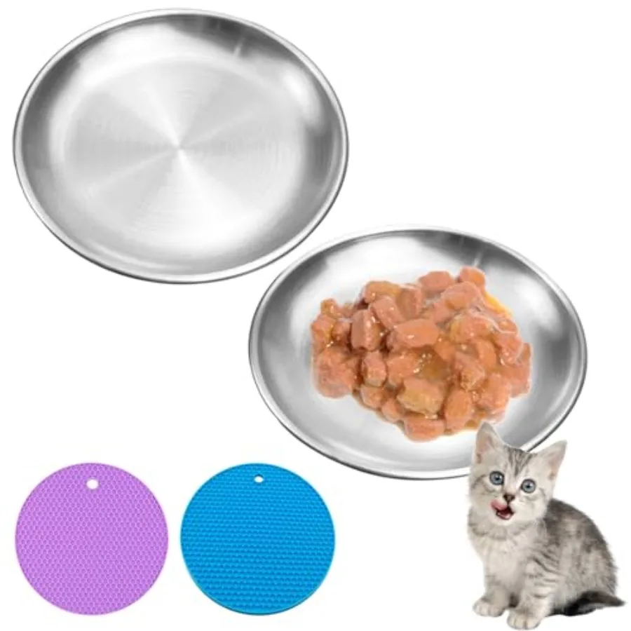 6 Inch Whisker Friendly Cat Dishes, Stainless Steel Shallow Plates with Non-Slip Mats Cat Food Plate for Wet Food,6