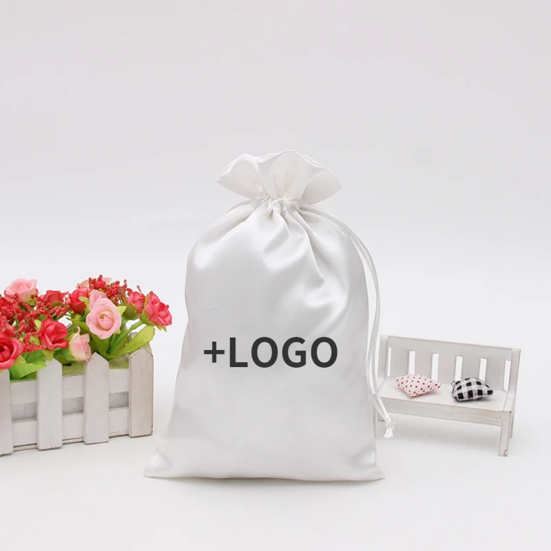 50pcs Personalized Drawstring Silk Satin Gift Bags Wig Packaging Dustproof Cosmetic Storage Pouch Candy Bags Can Be Customized