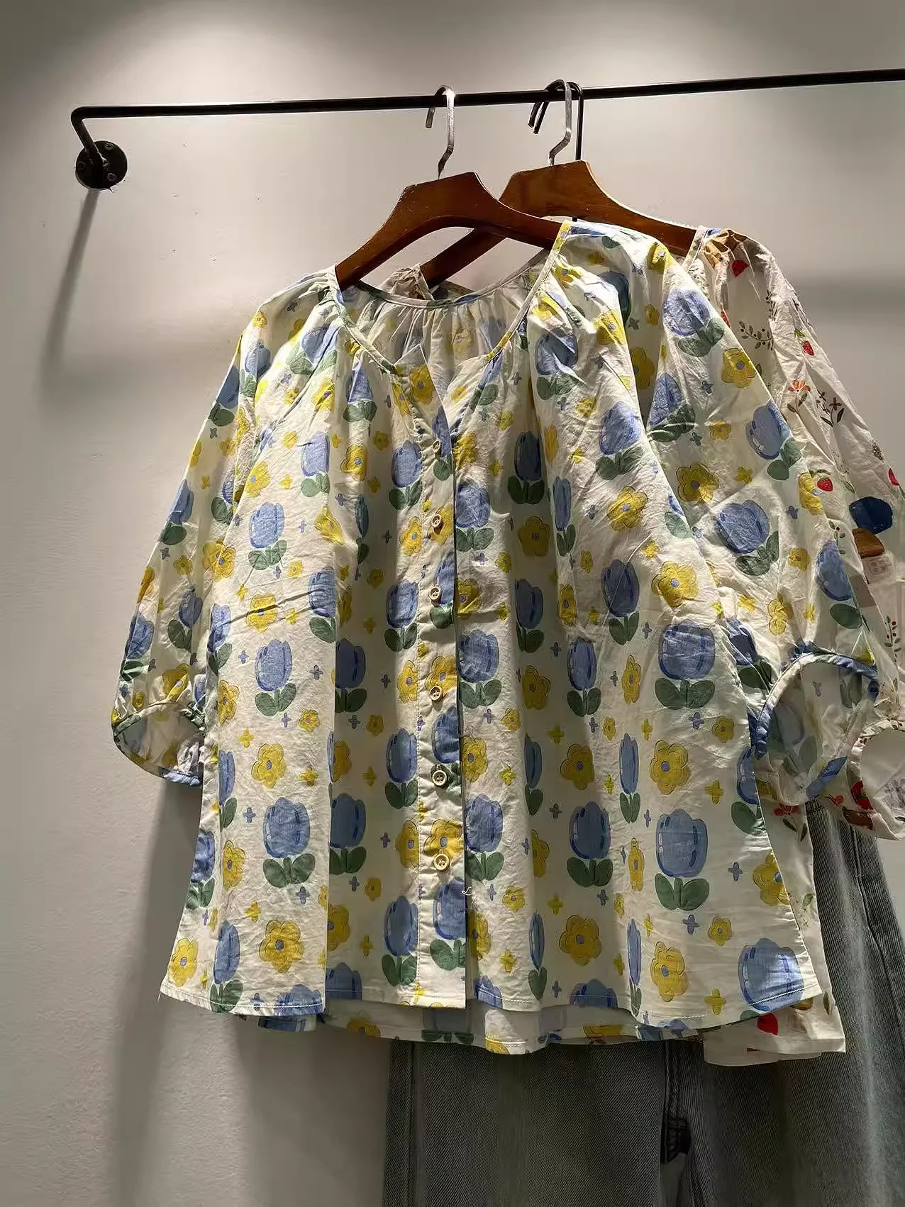 Busto 112cm otoño ropa de mujer 100% algodón cuello pico media manga camisas y blusas con estampado floral de dibujos animados tops de talla grande