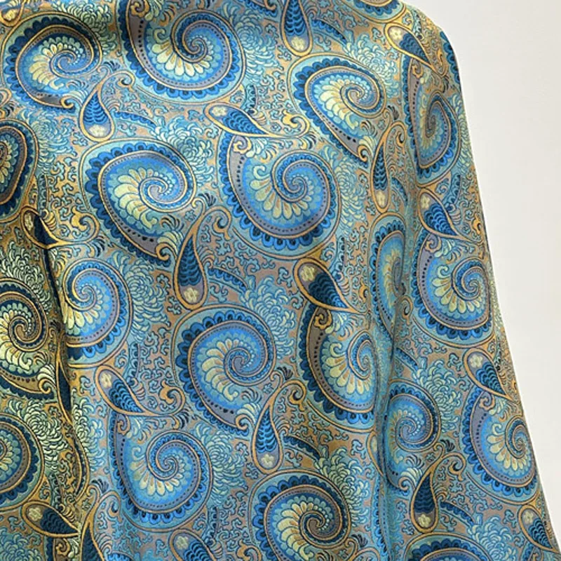 Pre-Cut Vintage Luxury Glossy Satin Brocade Blue Opulent Paisley Textured Jacquard Fabric for Skirts Home Decor Costumes Crafts