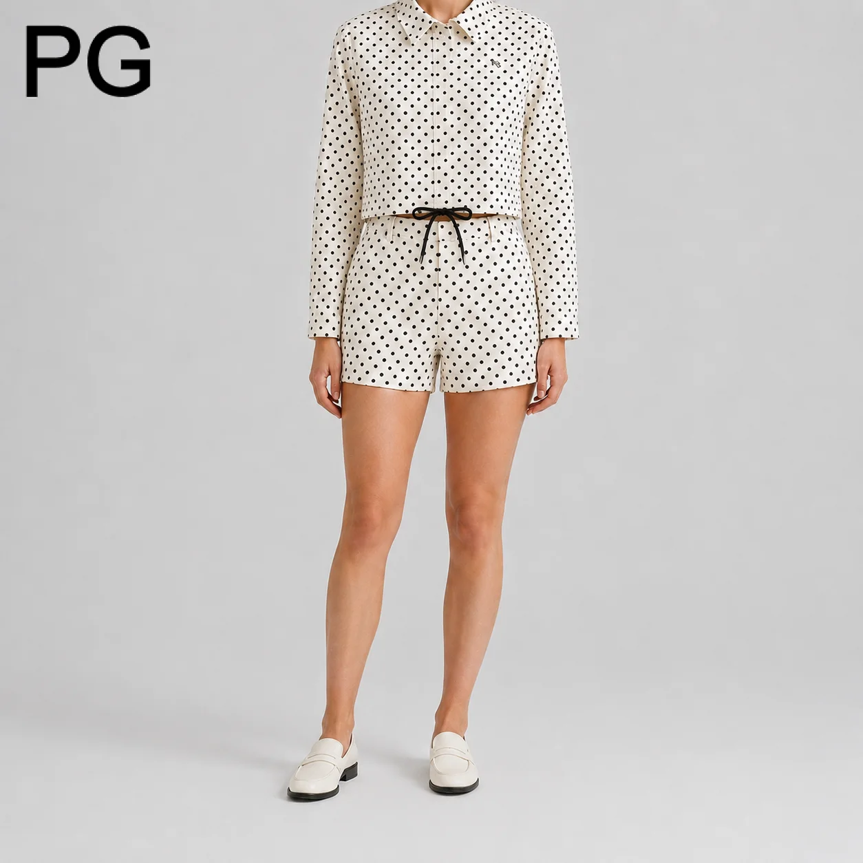 PG Ladies Polka Dot Matching Set Long Sleeve Cropped Shirt Drawstring Detail Casual Shorts Embroidered Detail Female Outfit Sets