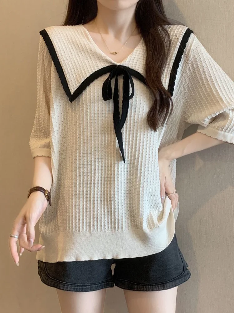 

Женская трикотажная футболка больших размеров (до 136 кг) с коротким рукавом, летняя, свободного кроя, с воротником «бэби-долл», повседневная, удобная, для ношения под одеждой