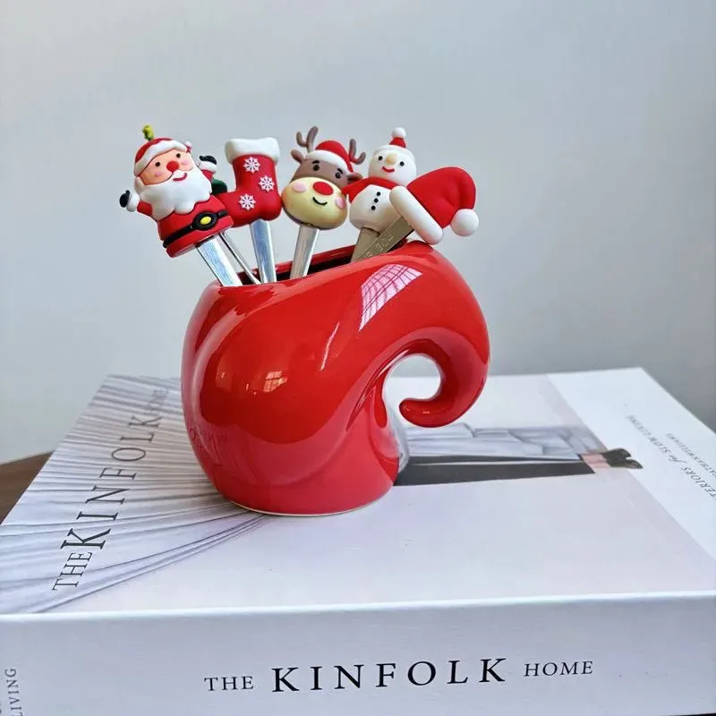 

Креативная рождественская керамическая вилка для хранения фруктов, вилка для фруктов из нержавеющей стали, домашнее милое украшение для рабочего стола, вилка для фруктов ZI101