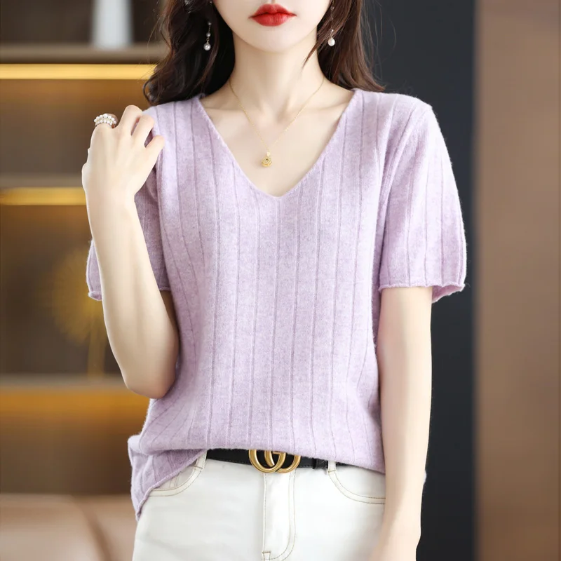 Hot Sale 100% Merino Wool Women's Sweater Pullover T-shirt 2024 Spring/Summer Female V-Neck Clothing Short SLeeved Soft Jumper