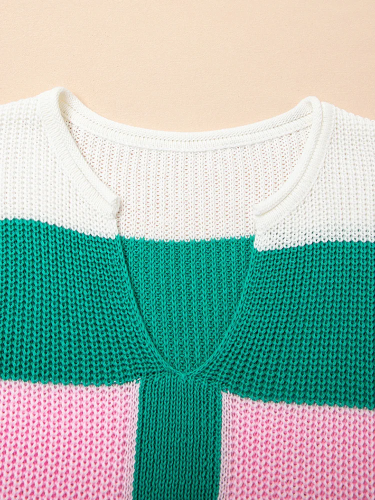 GIBSIE Plus Size Color Block V-Neck Sleeveless Knitted T-Shirt Women's 2025 Summer New Casual Matching Pullover Jumper Top
