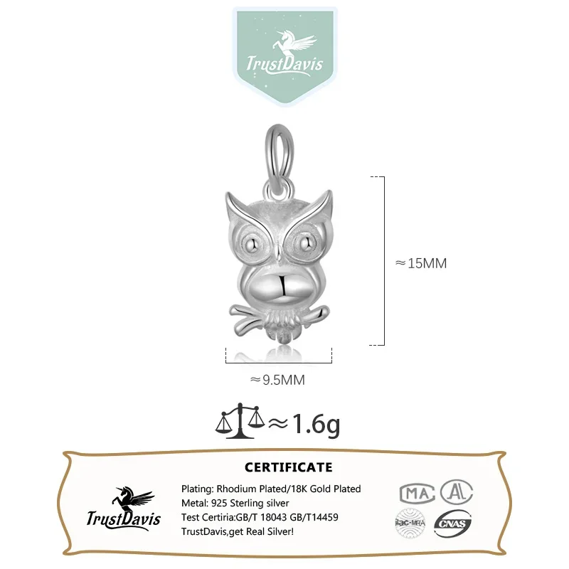 TrustDavis  Real 925 Sterling Silver Fashion Sweet Animal Owl Charm Pendant Handmade DIY Accessories Wholesale Fine Jewelry DZ98