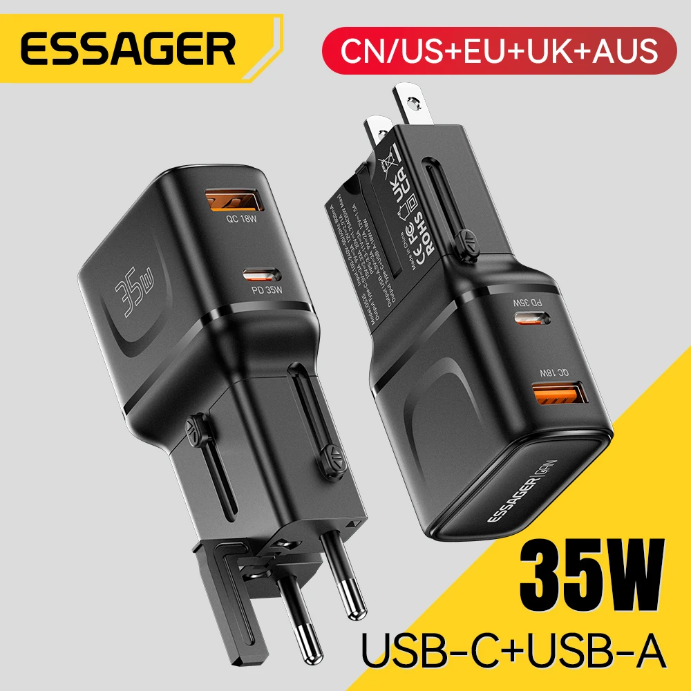 Essager 35W GaN International Travel Adapter Dual Ports USB-C Fast Charging Travel Charger For US/CN EU UK AUS Plug For Travel