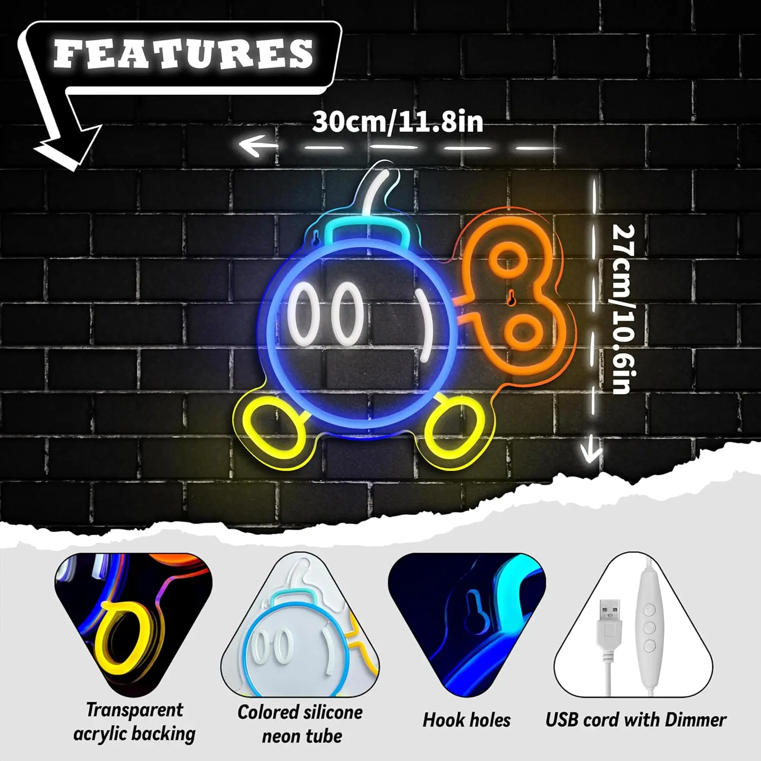 USB Dimmable Cartoon Bomb Neon Sign Funny Character LED Light for Bedroom Game Room Bar Decor Cool Bomb Shape Mood Lighting Gift
