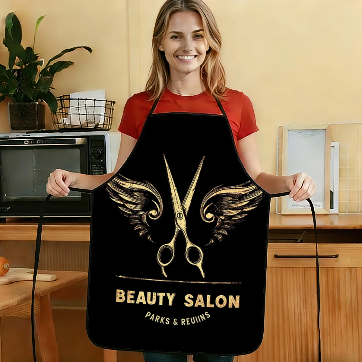 1pc Of 2D Flat 1791 Golden Scissor Wing Salon Printed Pattern Apron Durable And Easy To Clean With An Adjustable Waist Belt Av